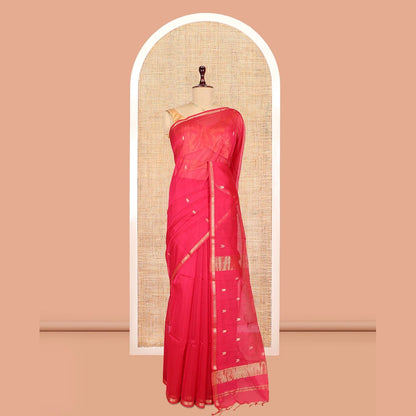 Pothys Red Maheshwari Cotton Saree, Detailed with Zari Buttas, a Zari Border, Zari Buttas Pallu, and a Matching Blouse