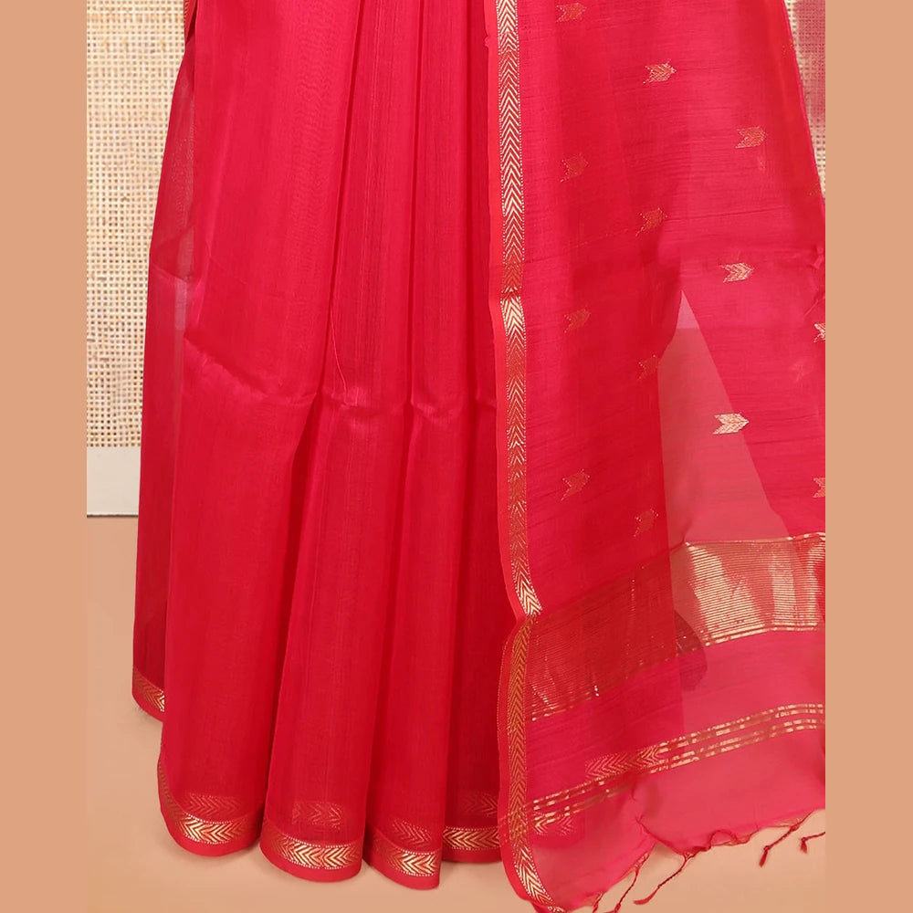 Pothys Red Maheshwari Cotton Saree, Detailed with Zari Buttas, a Zari Border, Zari Buttas Pallu, and a Matching Blouse