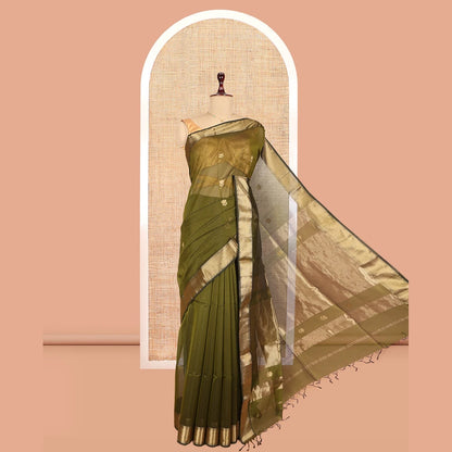 Pothys Green Maheshwari Cotton Saree, Detailed with Floral Zari Buttas, a Zari Border, Zari Striped Pallu, and a Matching Blouse