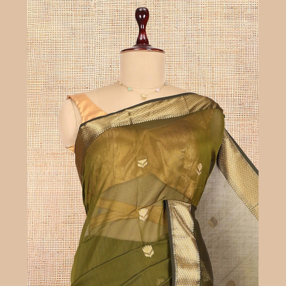 Pothys Green Maheshwari Cotton Saree, Detailed with Floral Zari Buttas, a Zari Border, Zari Striped Pallu, and a Matching Blouse