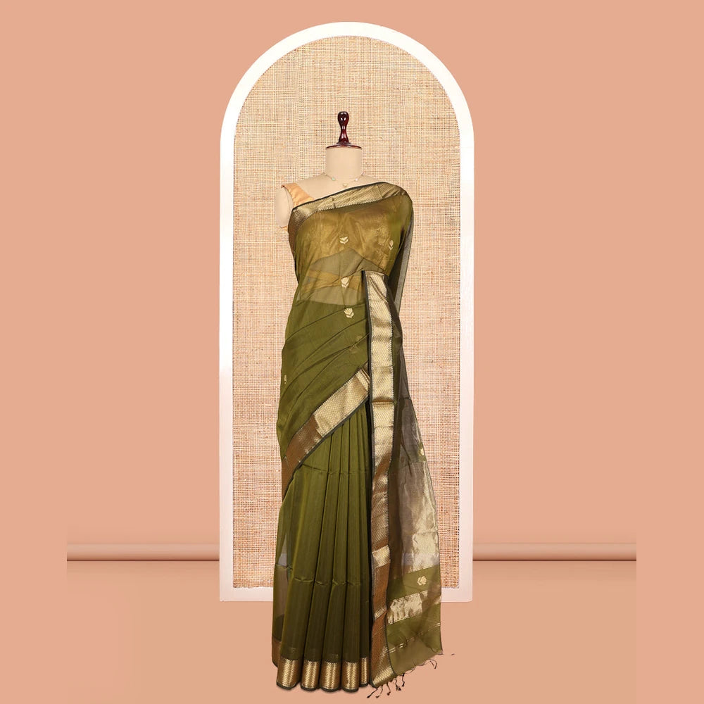 Pothys Green Maheshwari Cotton Saree, Detailed with Floral Zari Buttas, a Zari Border, Zari Striped Pallu, and a Matching Blouse