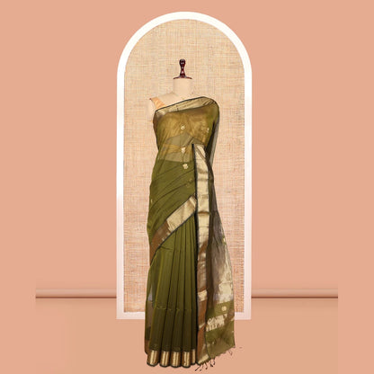 Pothys Green Maheshwari Cotton Saree, Detailed with Floral Zari Buttas, a Zari Border, Zari Striped Pallu, and a Matching Blouse