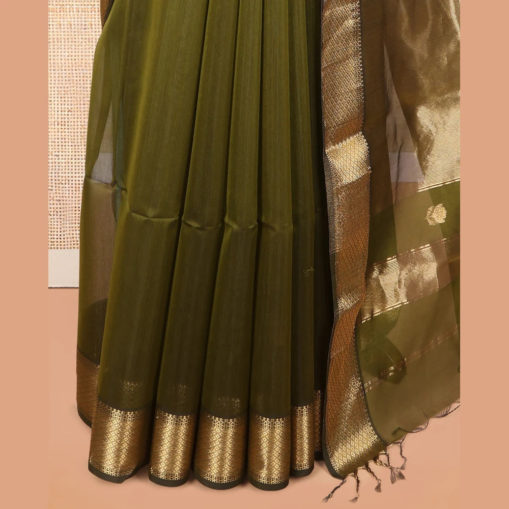 Pothys Green Maheshwari Cotton Saree, Detailed with Floral Zari Buttas, a Zari Border, Zari Striped Pallu, and a Matching Blouse