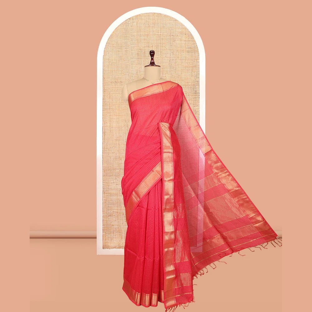 Pothys Pink Maheshwari Cotton Saree, Gleamed Up with Zari Checks, a Traditional Zari Border, Zari Striped Pallu, and a Matching Blouse