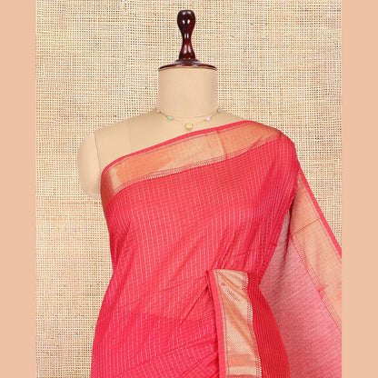Pothys Pink Maheshwari Cotton Saree, Gleamed Up with Zari Checks, a Traditional Zari Border, Zari Striped Pallu, and a Matching Blouse