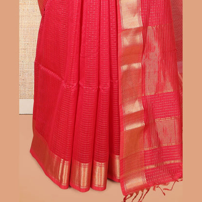 Pothys Pink Maheshwari Cotton Saree, Gleamed Up with Zari Checks, a Traditional Zari Border, Zari Striped Pallu, and a Matching Blouse