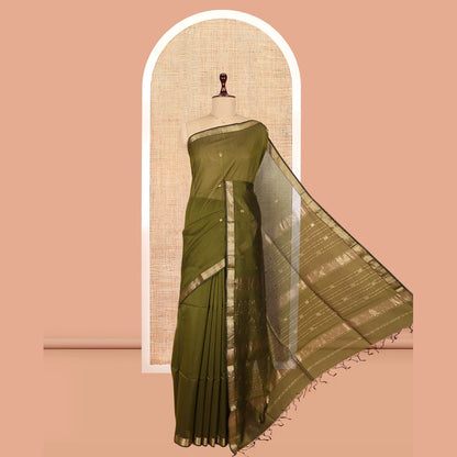 Pothys Green Maheshwari Cotton Saree, Bedecked with Zari Buttas, a Traditional Zari Border, Zari Woven Pallu, and a Matching Blouse