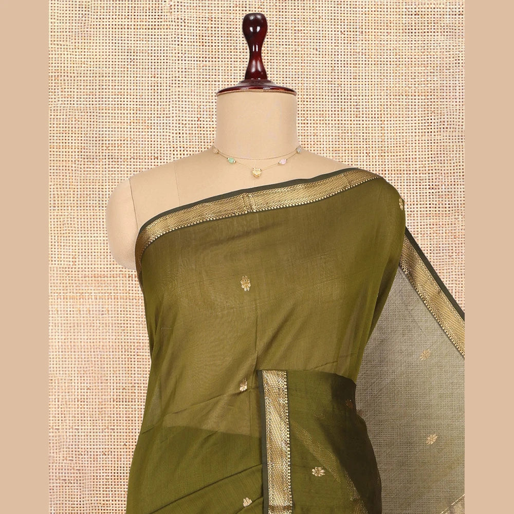 Pothys Green Maheshwari Cotton Saree, Bedecked with Zari Buttas, a Traditional Zari Border, Zari Woven Pallu, and a Matching Blouse