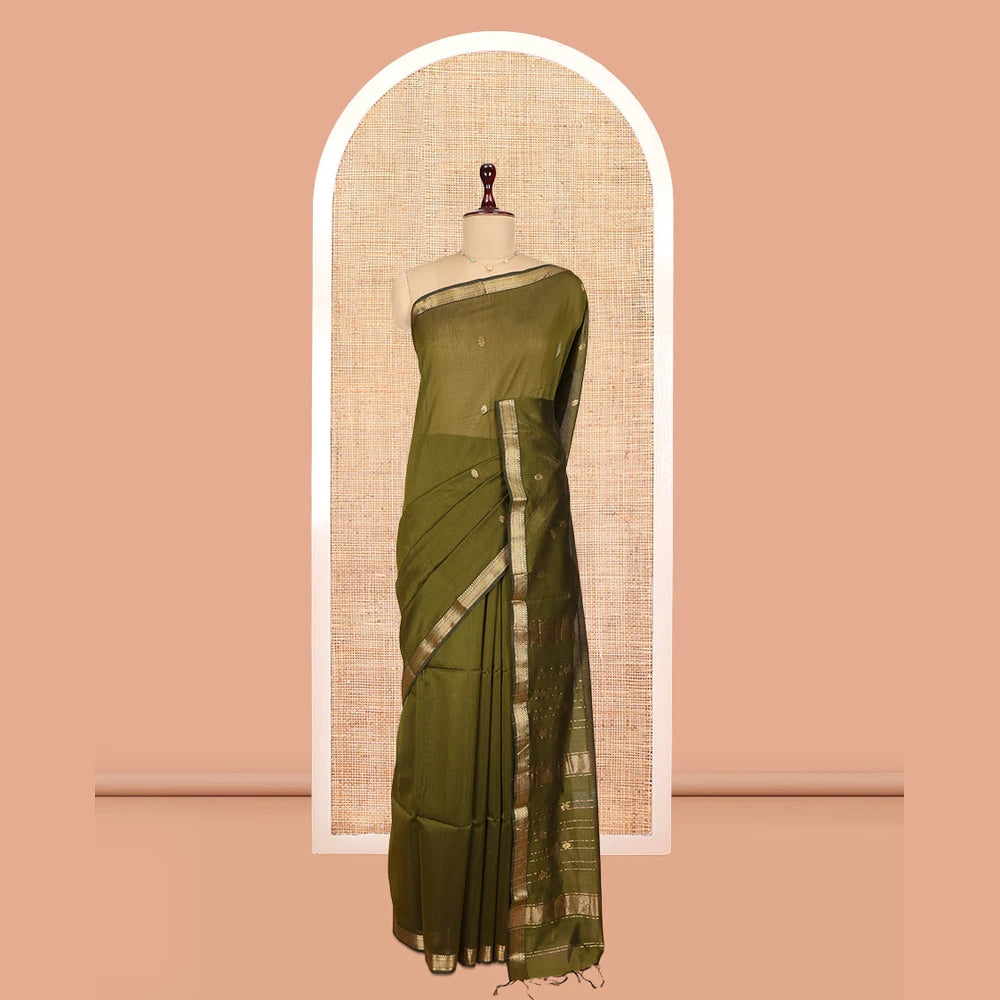 Pothys Green Maheshwari Cotton Saree, Bedecked with Zari Buttas, a Traditional Zari Border, Zari Woven Pallu, and a Matching Blouse