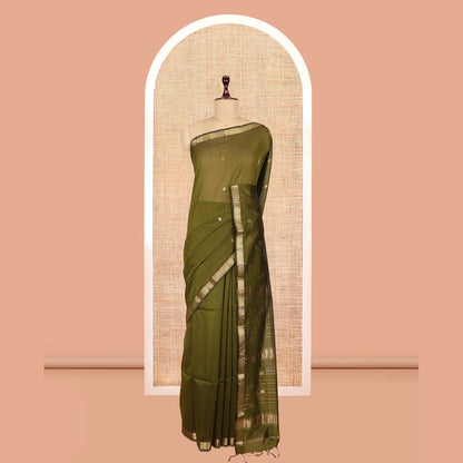 Pothys Green Maheshwari Cotton Saree, Bedecked with Zari Buttas, a Traditional Zari Border, Zari Woven Pallu, and a Matching Blouse