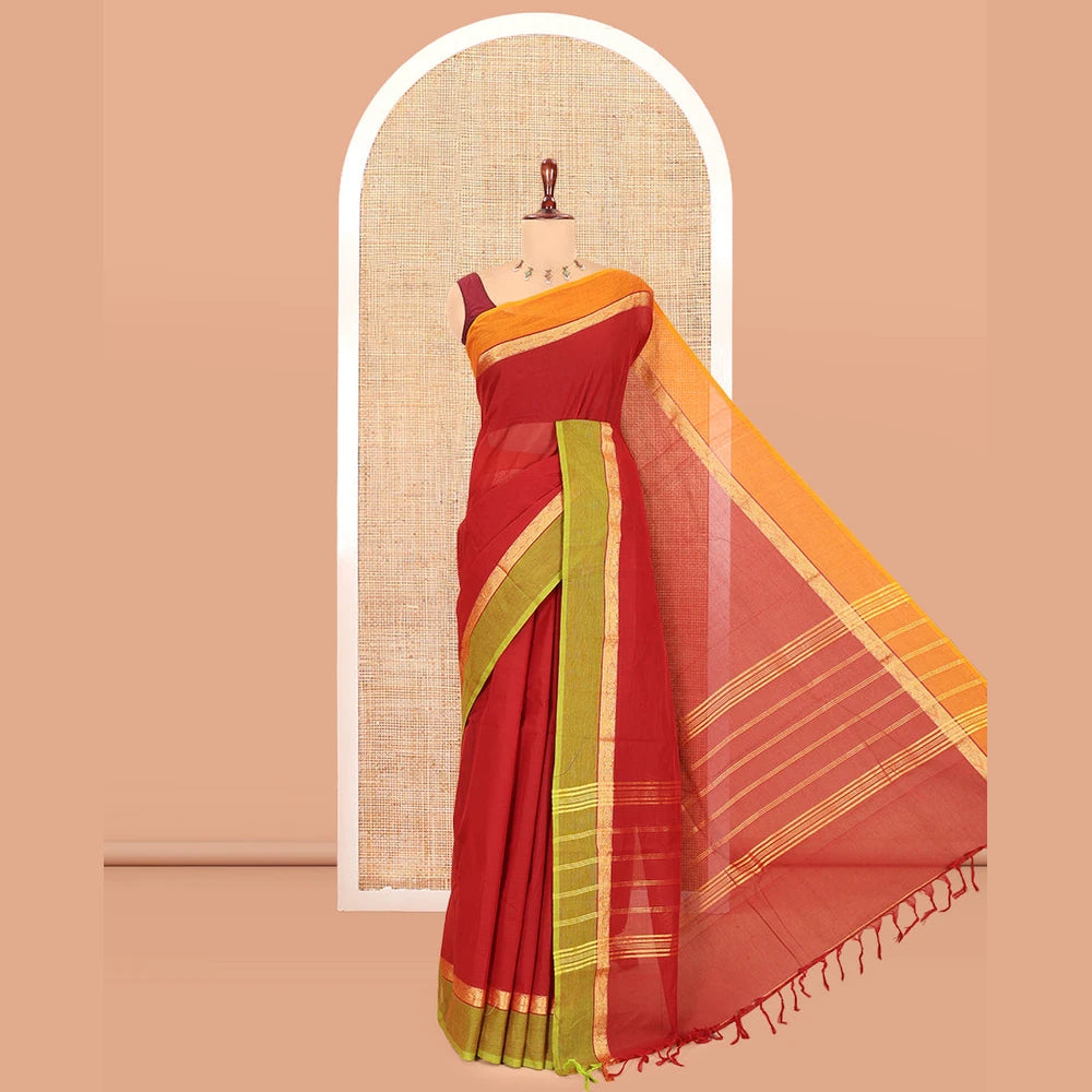 Pothys Maroon Plain Chettinad Cotton Saree with a Contrast Ganga-Jamuna Border, Striped Pallu, and a Matching Blouse