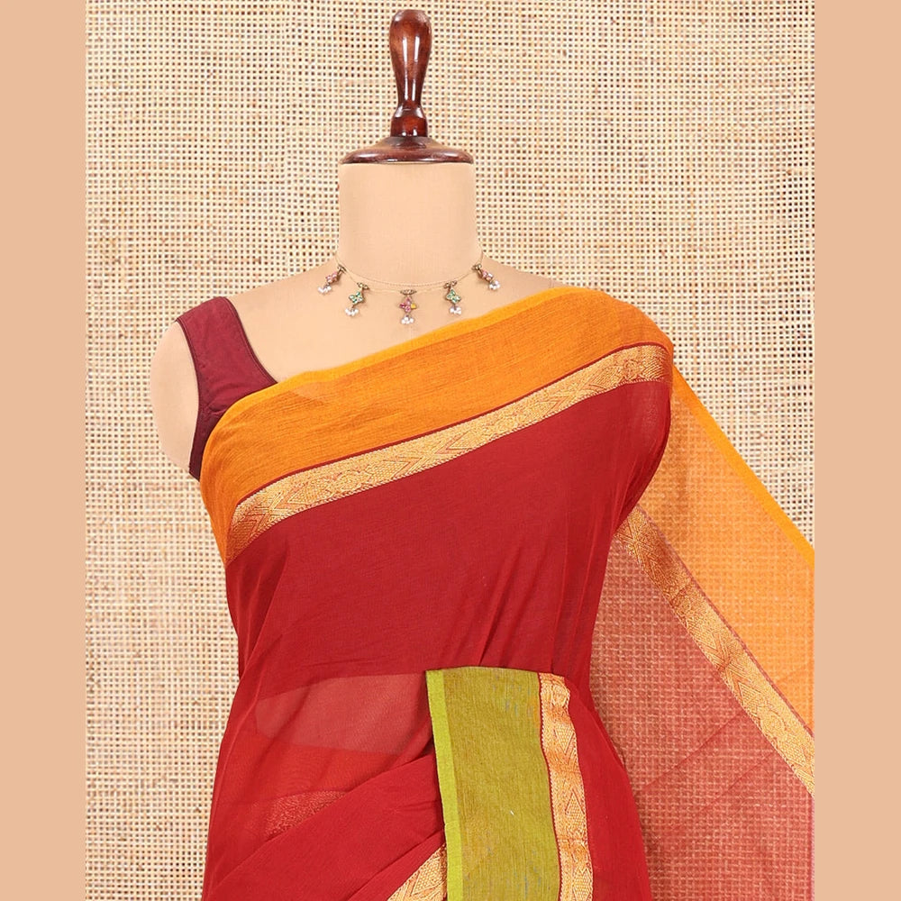 Pothys Maroon Plain Chettinad Cotton Saree with a Contrast Ganga-Jamuna Border, Striped Pallu, and a Matching Blouse