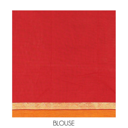 Pothys Maroon Plain Chettinad Cotton Saree with a Contrast Ganga-Jamuna Border, Striped Pallu, and a Matching Blouse