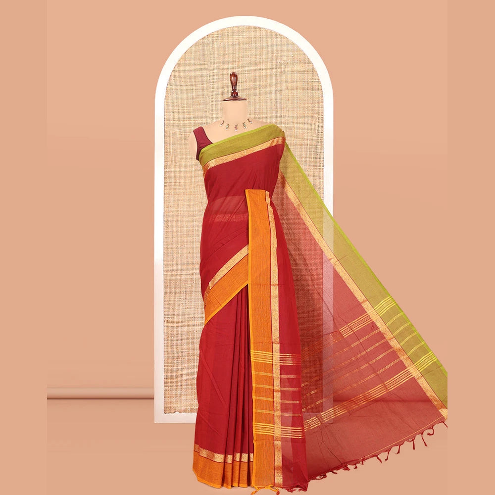 Pothys Maroon Plain Chettinad Cotton Saree, a Contrast Ganga-Jamuna Border, Striped Pallu, and a Matching Blouse