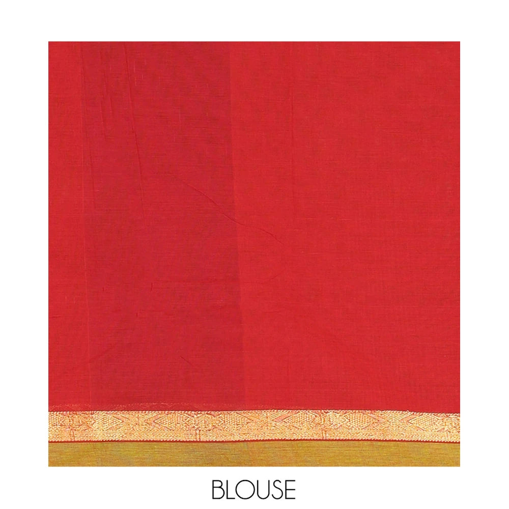 Pothys Maroon Plain Chettinad Cotton Saree, a Contrast Ganga-Jamuna Border, Striped Pallu, and a Matching Blouse
