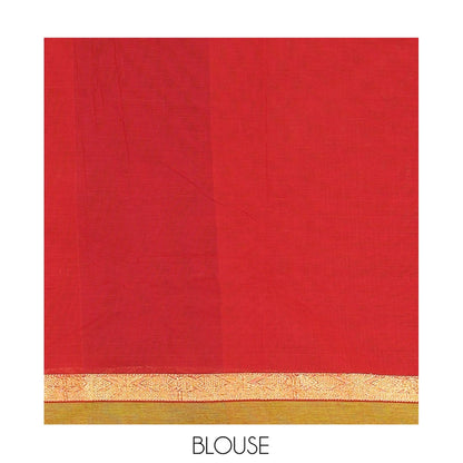Pothys Maroon Plain Chettinad Cotton Saree, a Contrast Ganga-Jamuna Border, Striped Pallu, and a Matching Blouse