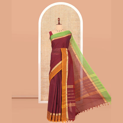 Pothys Red Plain Chettinad Cotton Saree, a Contrast Ganga-Jamuna Border, Striped Pallu, and a Matching Blouse