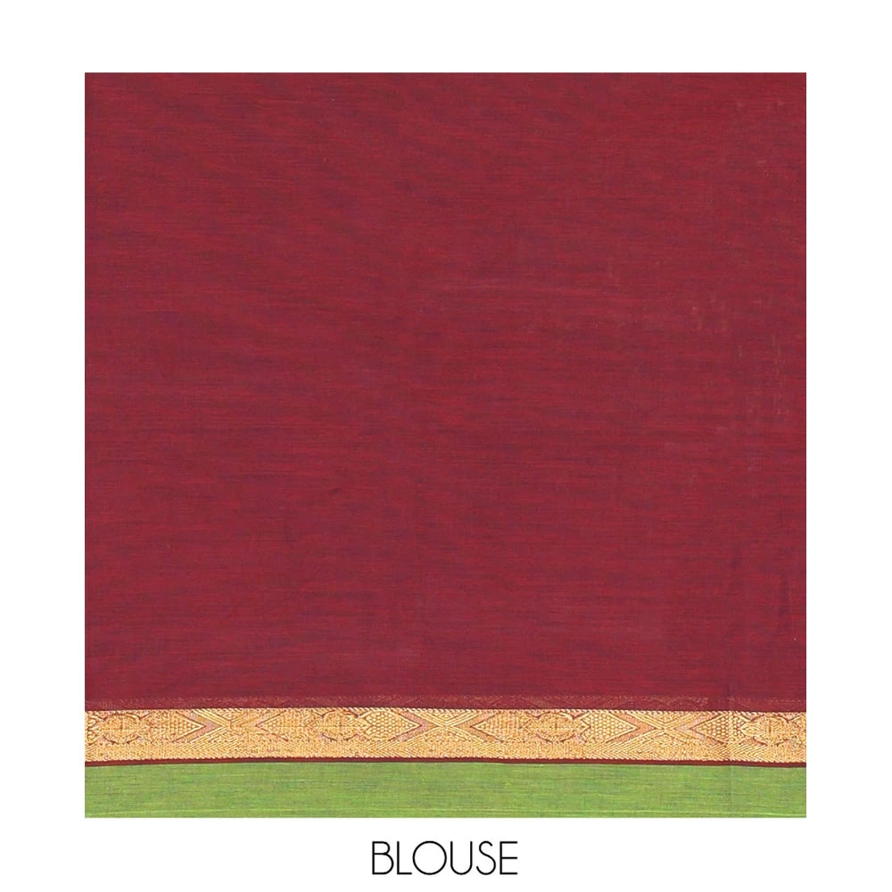 Pothys Red Plain Chettinad Cotton Saree, a Contrast Ganga-Jamuna Border, Striped Pallu, and a Matching Blouse