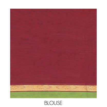 Pothys Red Plain Chettinad Cotton Saree, a Contrast Ganga-Jamuna Border, Striped Pallu, and a Matching Blouse