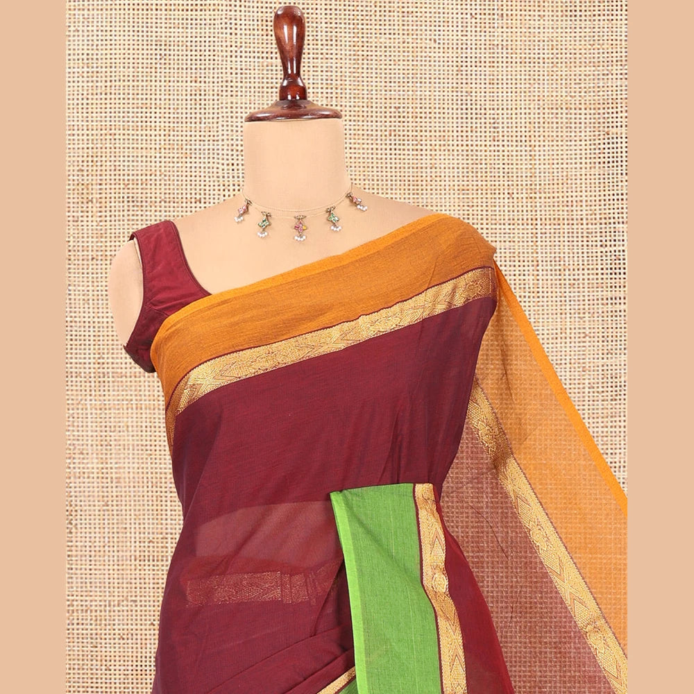 Pothys Red Plain Chettinad Cotton Saree, Contrast Ganga-Jamuna Border, Striped Pallu, and a Matching Blouse