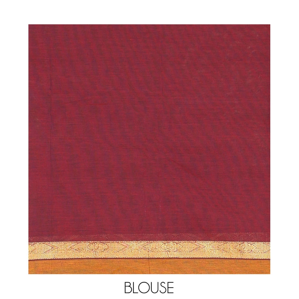 Pothys Red Plain Chettinad Cotton Saree, Contrast Ganga-Jamuna Border, Striped Pallu, and a Matching Blouse