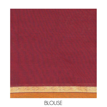 Pothys Red Plain Chettinad Cotton Saree, Contrast Ganga-Jamuna Border, Striped Pallu, and a Matching Blouse