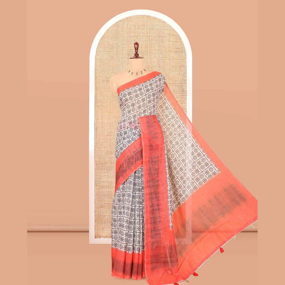 Pothys Chikku-Orange Linen Cotton Saree, Ornamented with Butta Enclosed Checks Print, a Contrast Ikat Border, Printed Pallu, and Contrast Blouse
