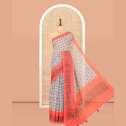 Pothys Chikku-Orange Linen Cotton Saree, Ornamented with Butta Enclosed Checks Print, a Contrast Ikat Border, Printed Pallu, and Contrast Blouse