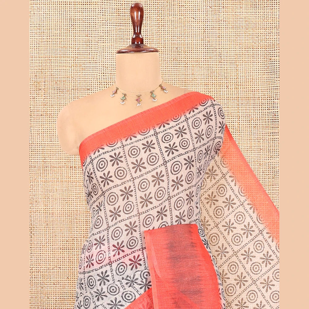 Pothys Chikku-Orange Linen Cotton Saree, Ornamented with Butta Enclosed Checks Print, a Contrast Ikat Border, Printed Pallu, and Contrast Blouse