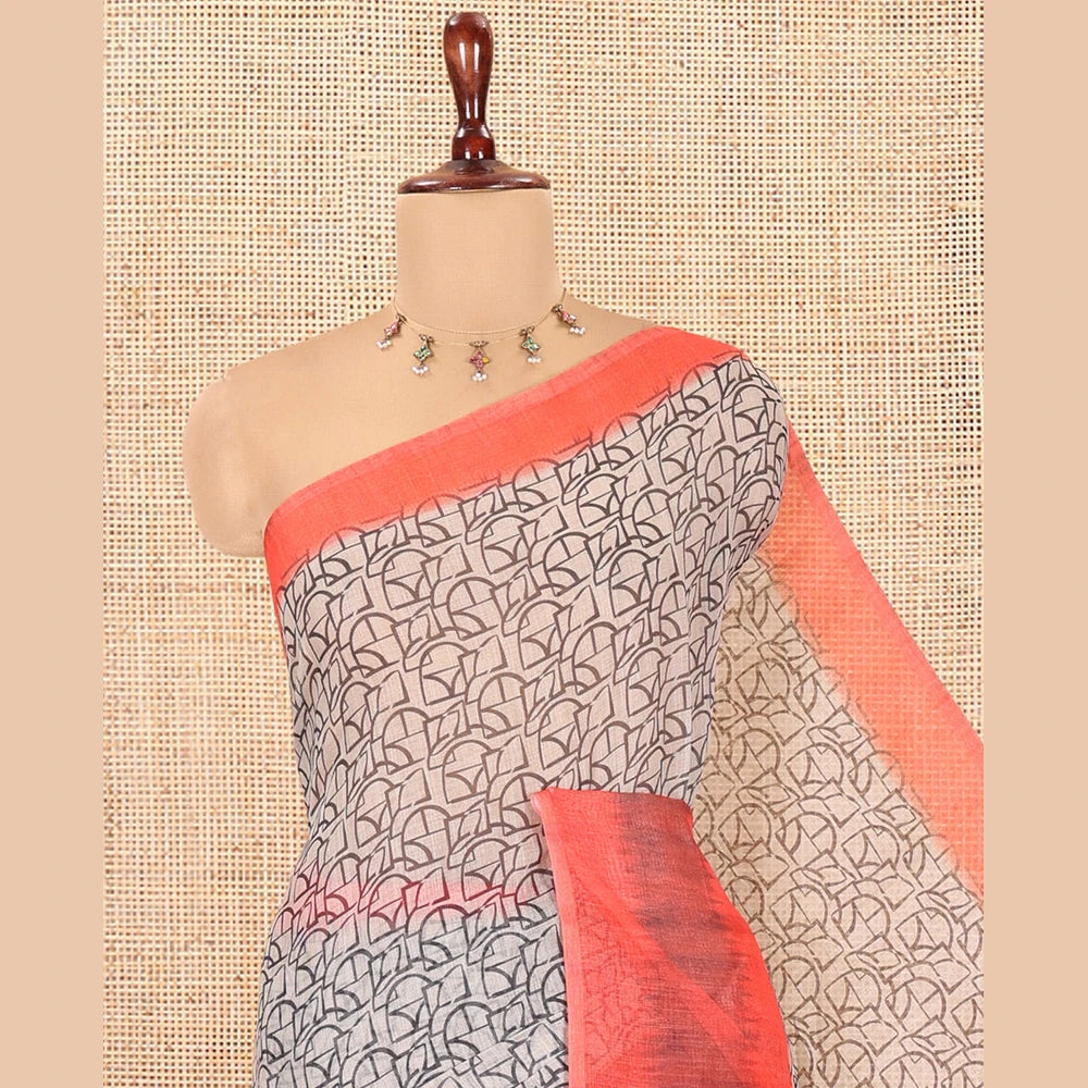 Pothys Chikku-Orange Linen Cotton Saree, Decorated with Intricate Print, a Contrast Ikat Border, Printed Pallu, and Contrast Blouse