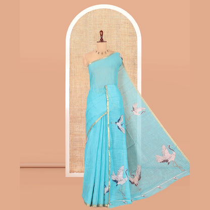 Pothys Borderless Blue Linen Cotton Saree, Adorned with Crane Motifs Print, and a Matching Blouse