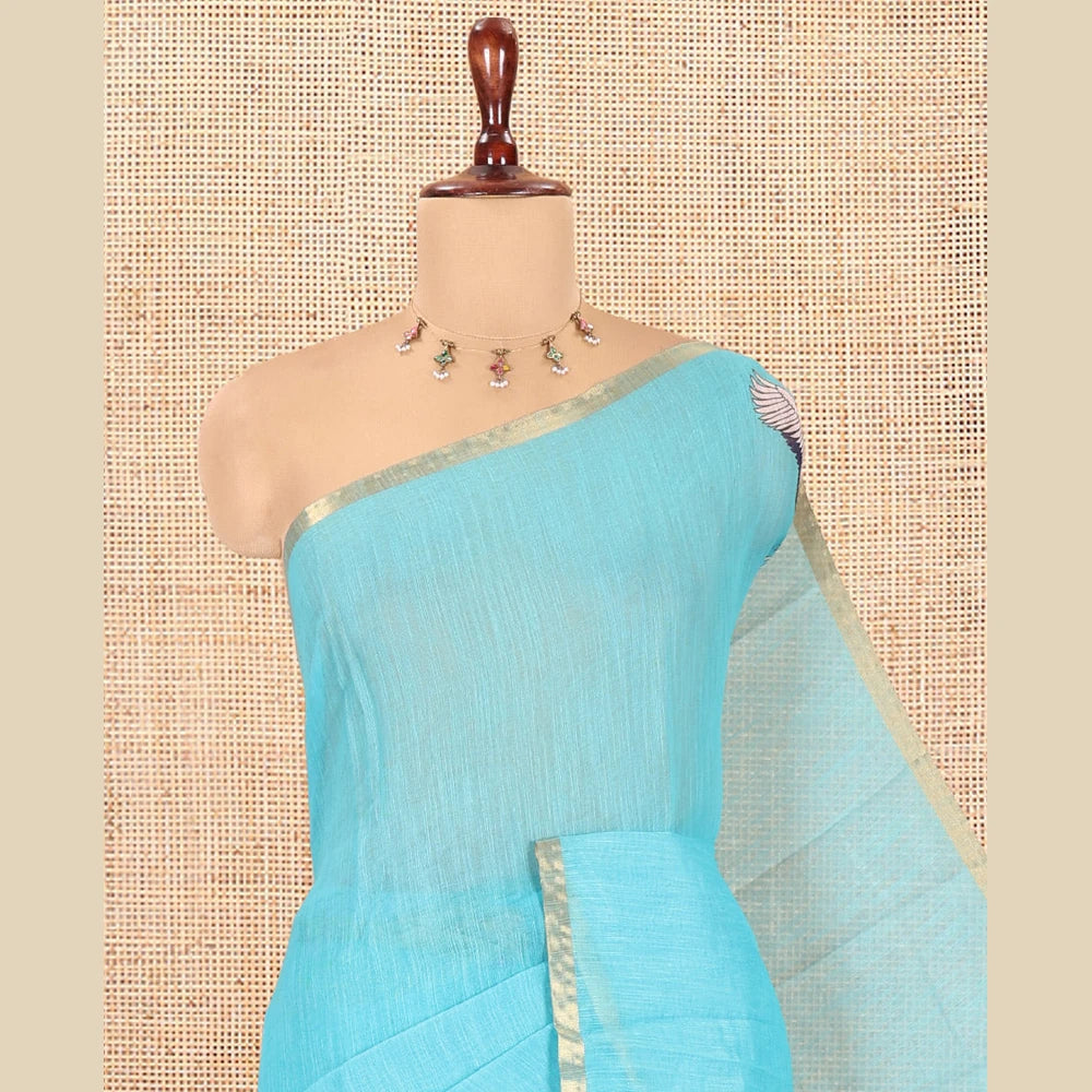 Pothys Borderless Blue Linen Cotton Saree, Adorned with Crane Motifs Print, and a Matching Blouse