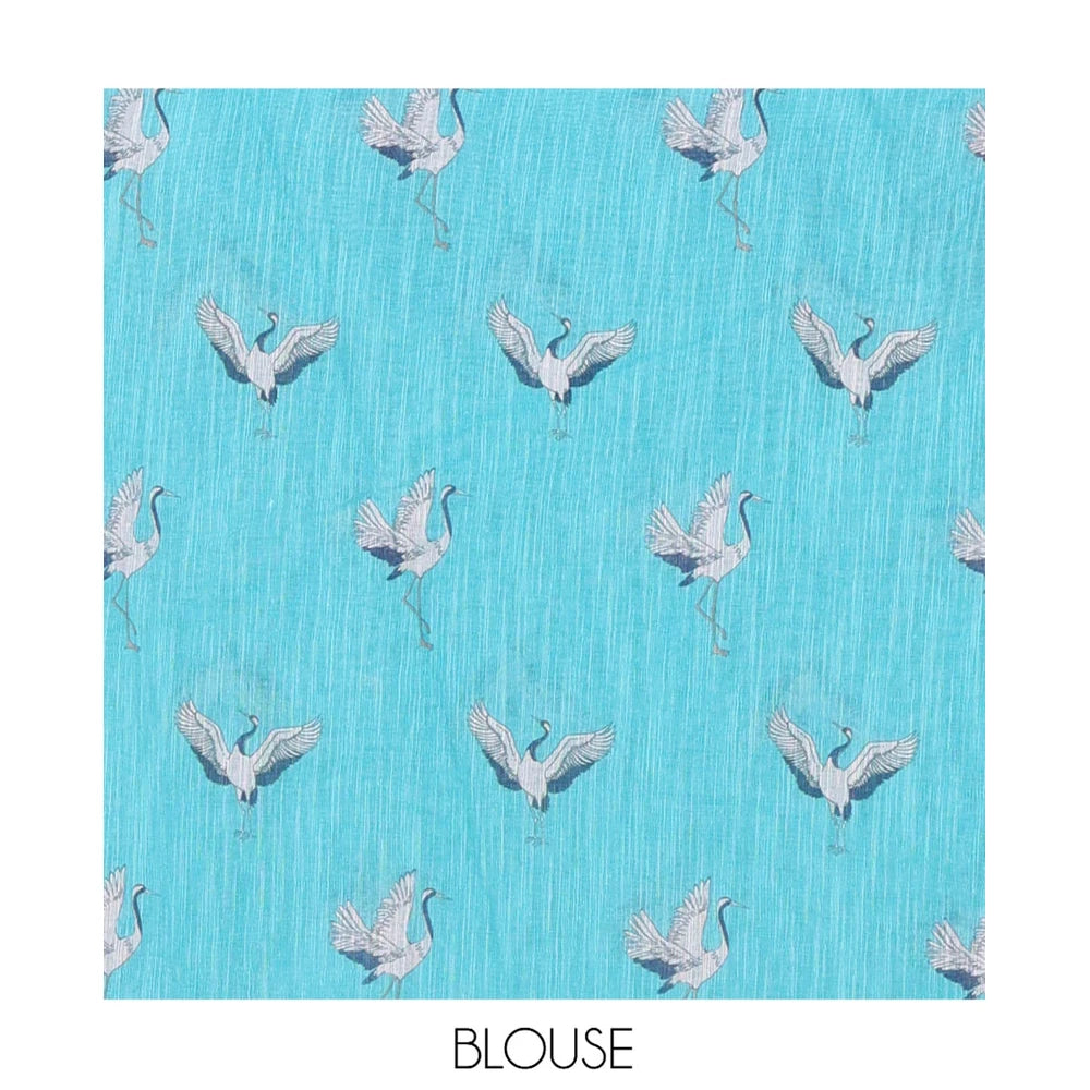 Pothys Borderless Blue Linen Cotton Saree, Adorned with Crane Motifs Print, and a Matching Blouse