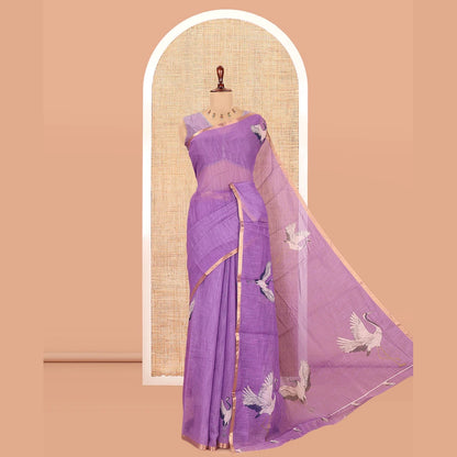 Pothys Borderless Violet Linen Cotton Saree, Adorned with Crane Motifs Print, and a Matching Blouse