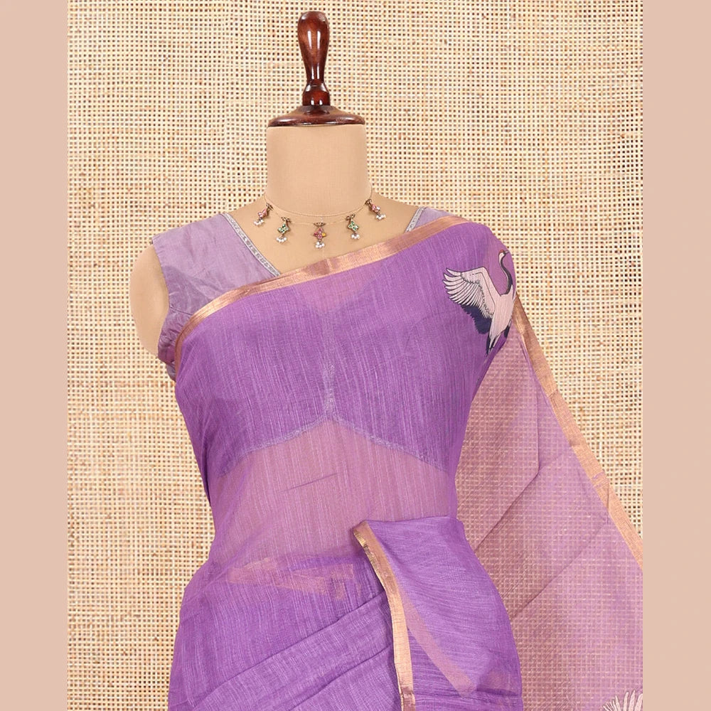 Pothys Borderless Violet Linen Cotton Saree, Adorned with Crane Motifs Print, and a Matching Blouse