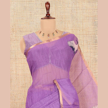 Pothys Borderless Violet Linen Cotton Saree, Adorned with Crane Motifs Print, and a Matching Blouse