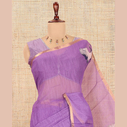 Pothys Borderless Violet Linen Cotton Saree, Adorned with Crane Motifs Print, and a Matching Blouse