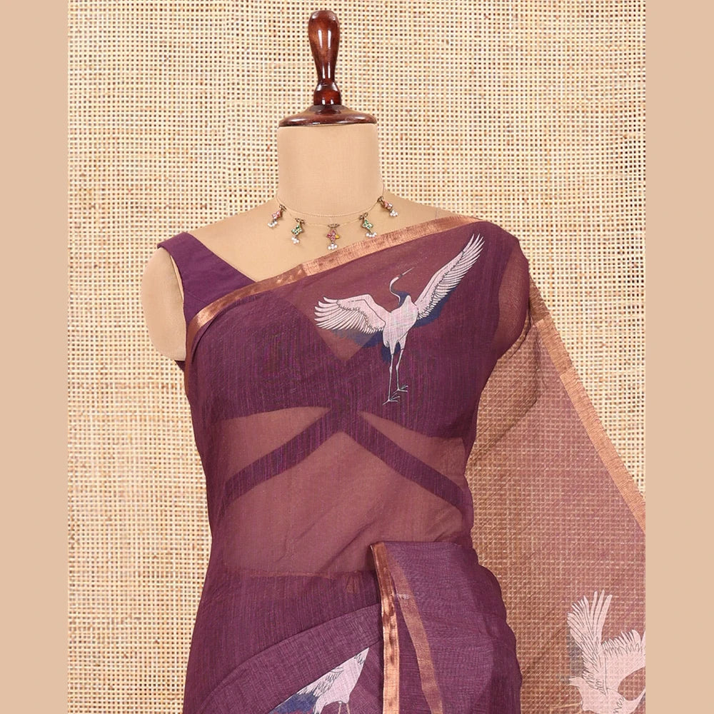 Pothys Borderless Wine Linen Cotton Saree, Adorned with Crane Motifs Print, and a Matching Blouse