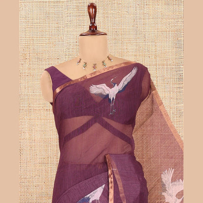 Pothys Borderless Wine Linen Cotton Saree, Adorned with Crane Motifs Print, and a Matching Blouse