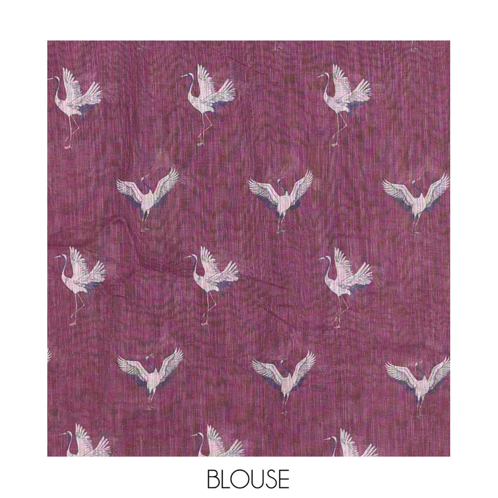 Pothys Borderless Wine Linen Cotton Saree, Adorned with Crane Motifs Print, and a Matching Blouse