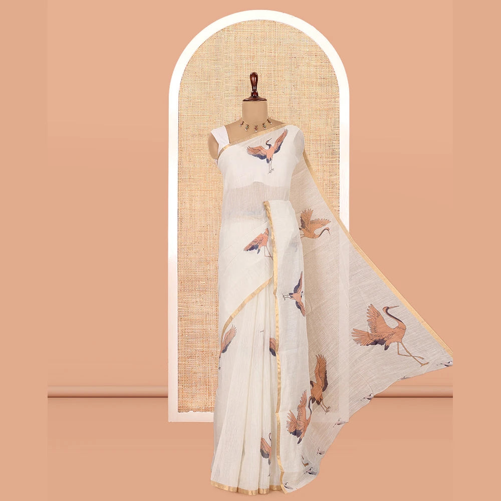 Pothys Borderless Cream Linen Cotton Saree, Adorned with Crane Motifs Print, and a Matching Blouse