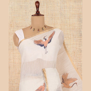 Pothys Borderless Cream Linen Cotton Saree, Adorned with Crane Motifs Print, and a Matching Blouse