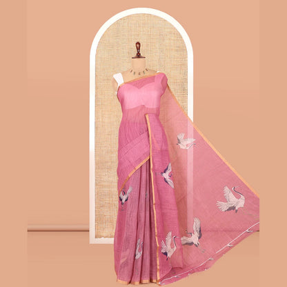 Pothys Borderless Pink Linen Cotton Saree, Adorned with Crane Motifs Print, and a Matching Blouse