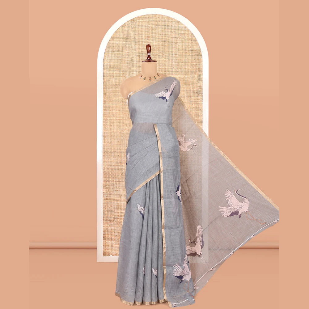 Pothys Borderless Grey Linen Cotton Saree, Adorned with Crane Motifs Print, and a Matching Blouse