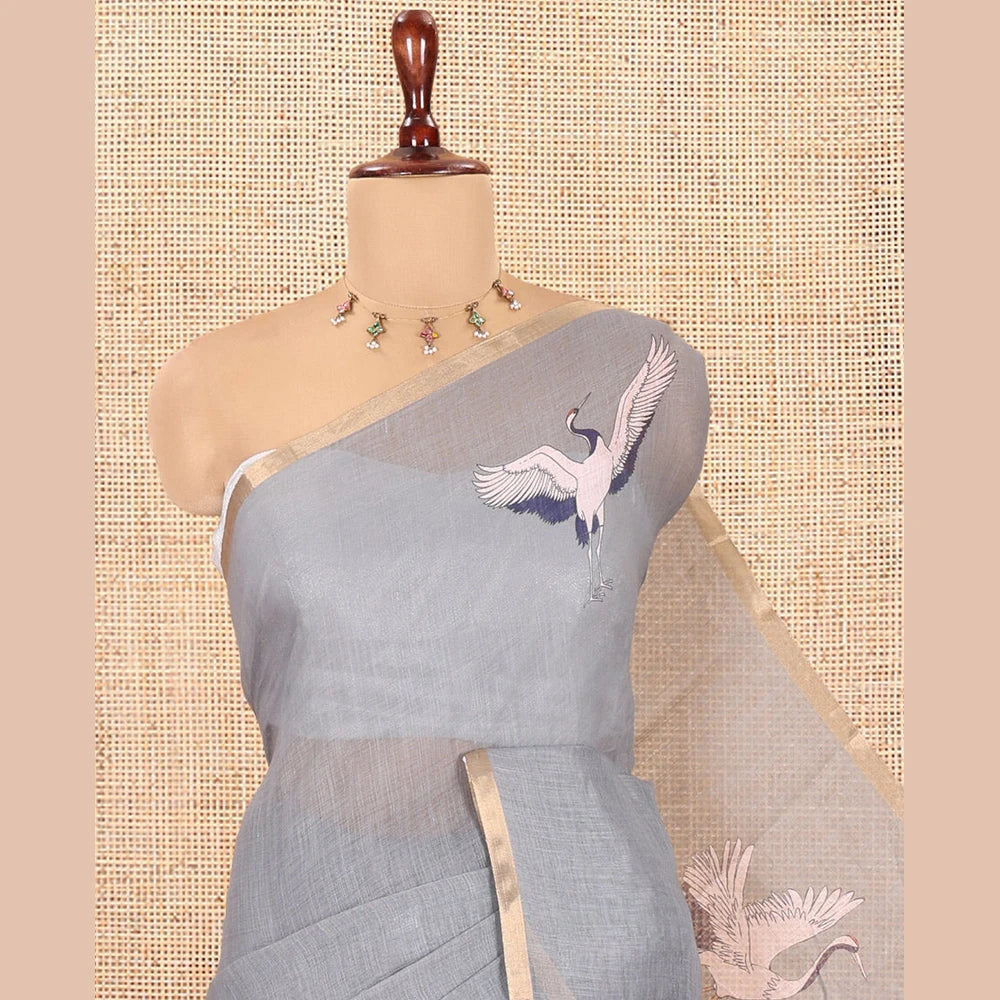Pothys Borderless Grey Linen Cotton Saree, Adorned with Crane Motifs Print, and a Matching Blouse
