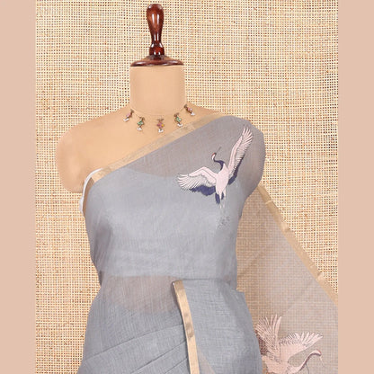 Pothys Borderless Grey Linen Cotton Saree, Adorned with Crane Motifs Print, and a Matching Blouse
