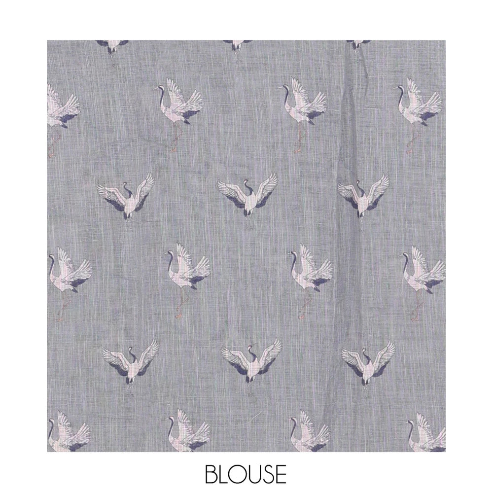 Pothys Borderless Grey Linen Cotton Saree, Adorned with Crane Motifs Print, and a Matching Blouse