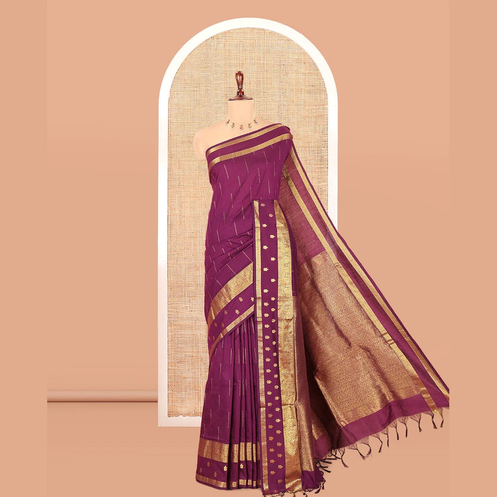 Pothys Wine Kalyani Cotton Saree, Delicately Woven with Buttas, a Traditional Zari Border, Grand Pallu, and a Matching Blouse