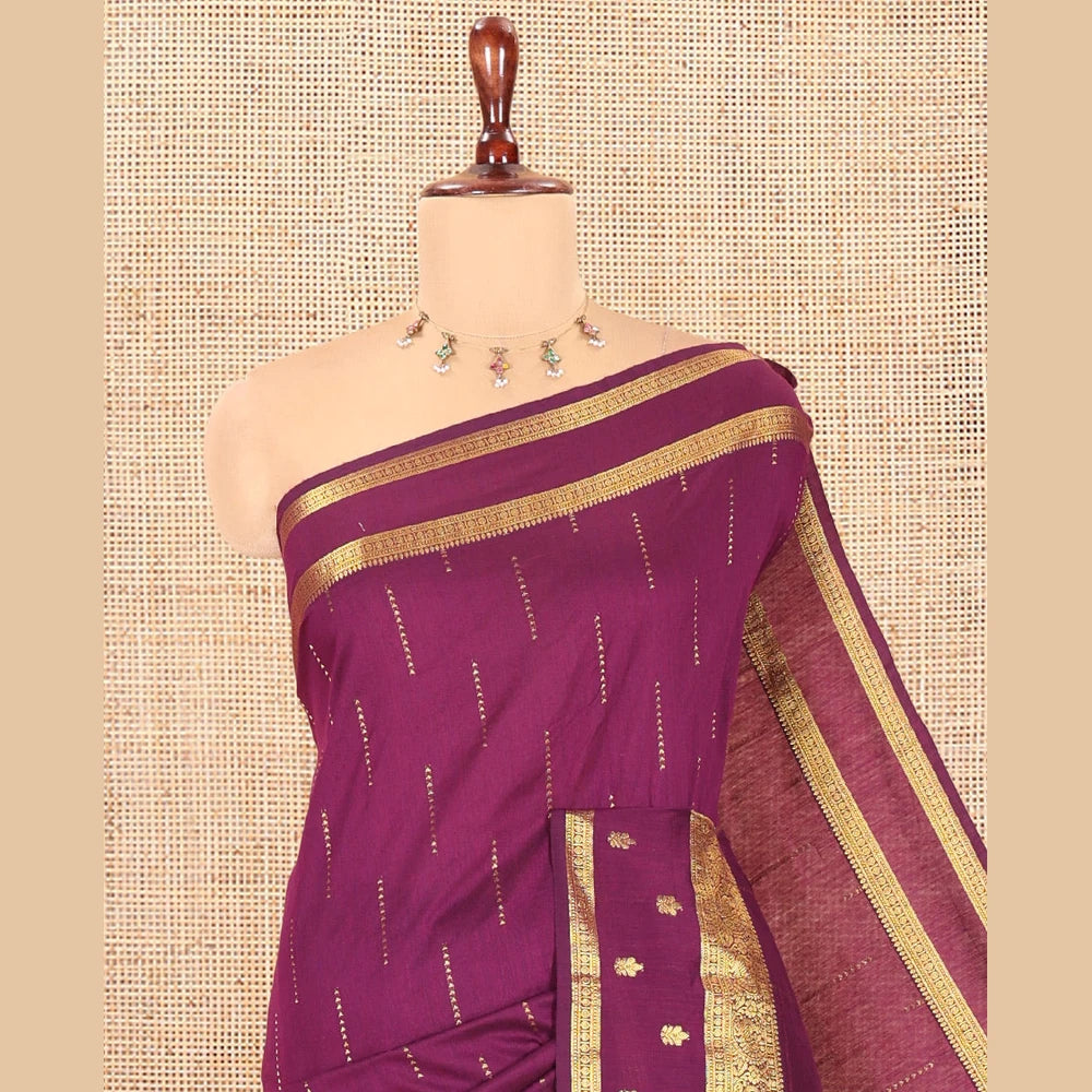 Pothys Wine Kalyani Cotton Saree, Delicately Woven with Buttas, a Traditional Zari Border, Grand Pallu, and a Matching Blouse