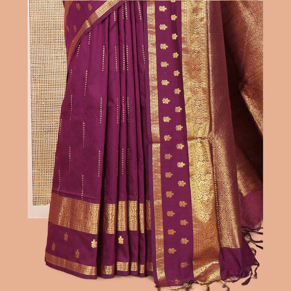 Pothys Wine Kalyani Cotton Saree, Delicately Woven with Buttas, a Traditional Zari Border, Grand Pallu, and a Matching Blouse